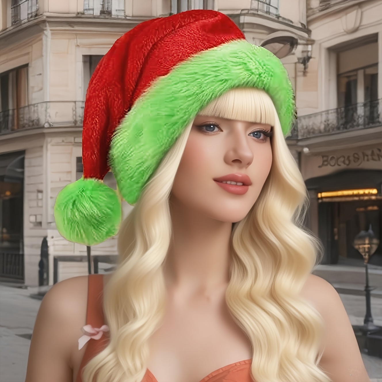 Santa Hat Plush - หมวกซานต้าสีแดงขอบเขียวเรืองแสง ผ้าพลัฌ บุสองชั้น วัสดุเนื้อนุ่ม สำหรับงานปาร์ตี้คริสต์มาส วันหยุด