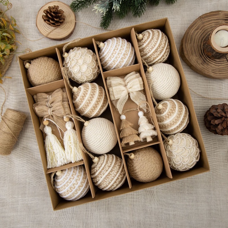 Gift Box Wrap Set - กล่องของขวัญลูกบอลคริสต์มาสแบบใหม่ ขนาด 8 ซม. หุ้มด้วยเชือกป่าน พร้อมโบว์