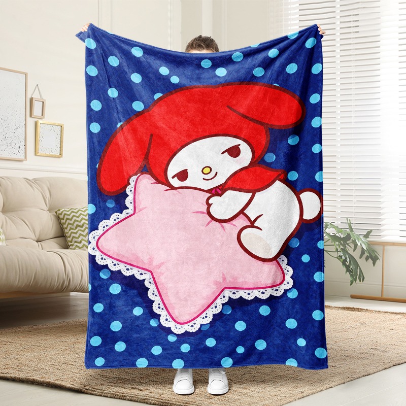 Christmas Throw Blanket - ผ้าห่มซานริโอ้ลายมายเมโลดี้พร้อมหมอนรูปดาว ผ้าห่มนุ่มสบายสำหรับห้องนั่งเล่น ลายจุดสีน้ำเงินพร้อมหมวกสีแดง