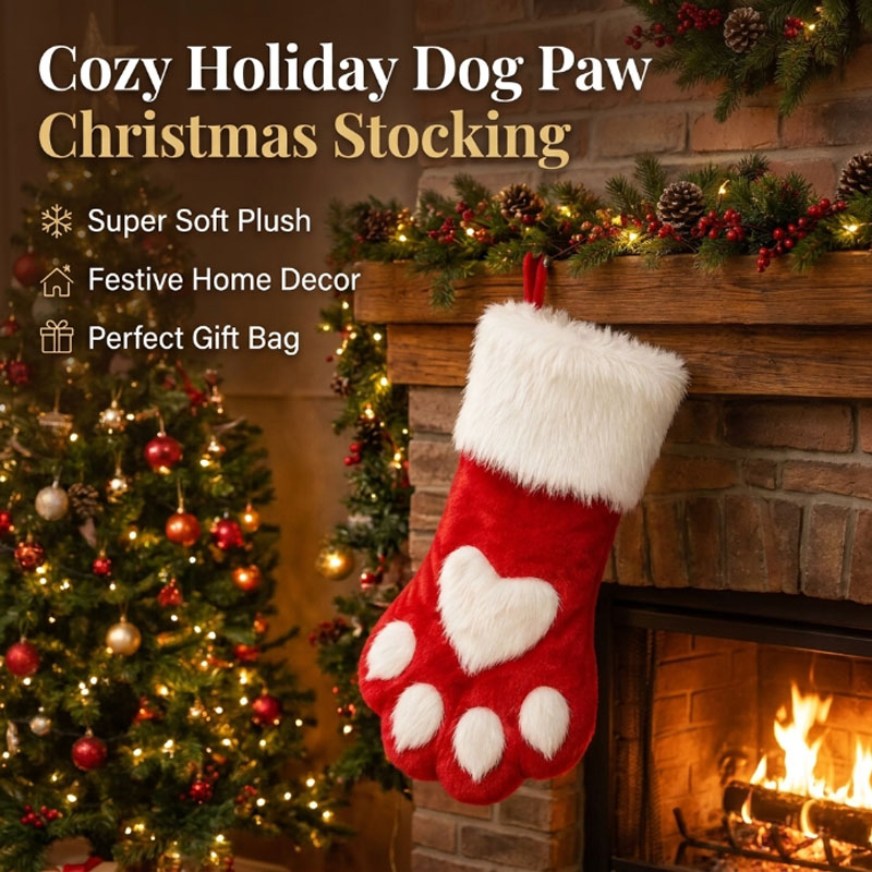 Christmas Stocking Hanging - ถุงเท้าคริสต์มาสกำมะหยี่ลายอุ้งเท้าสุนัข บุด้วยผ้ากำมะหยี่นุ่ม สำหรับฤดูหนาว ถุงของขวัญ ของตกแต่งแขวนบ้าน ของประดับตกแต่งงานปาร์ตี้วันหยุดคริสต์มาส